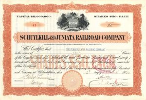 Schuylkill and Juniata Railroad Co. -  1900 dated Railway Stock Certificate