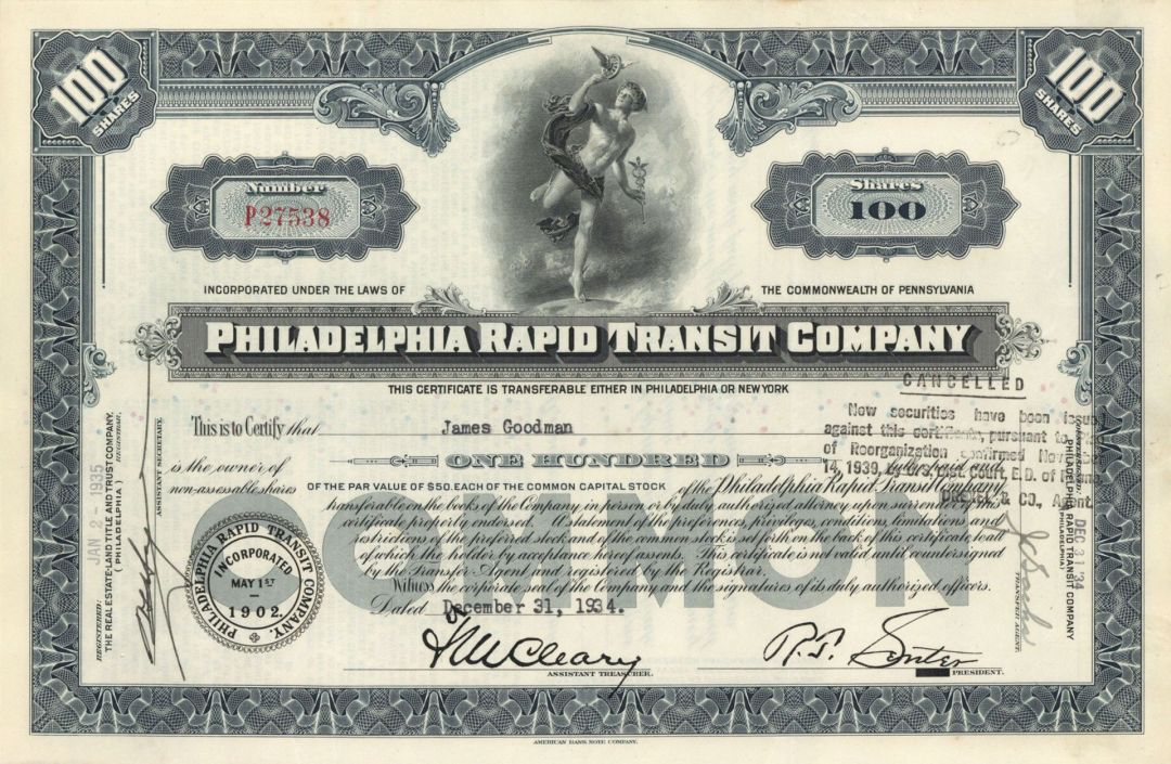 Philadelphia Rapid Transit Co. - Stock Certificate