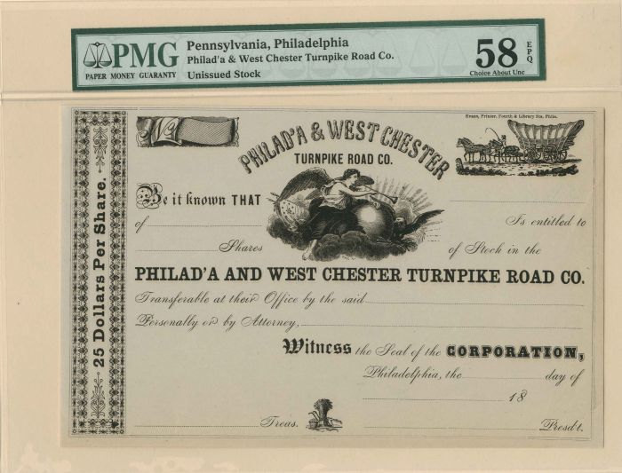 Philad'A and West Chester Turnpike Road Co. - Stock Certificate