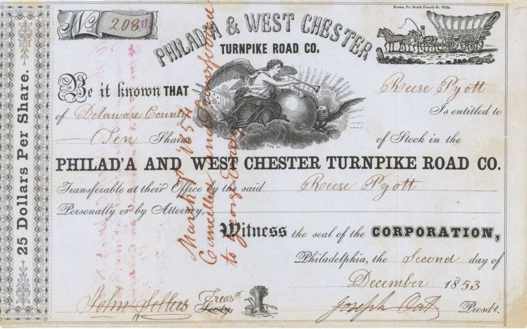 Philad'A and West Chester Turnpike Road Co. - Stock Certificate