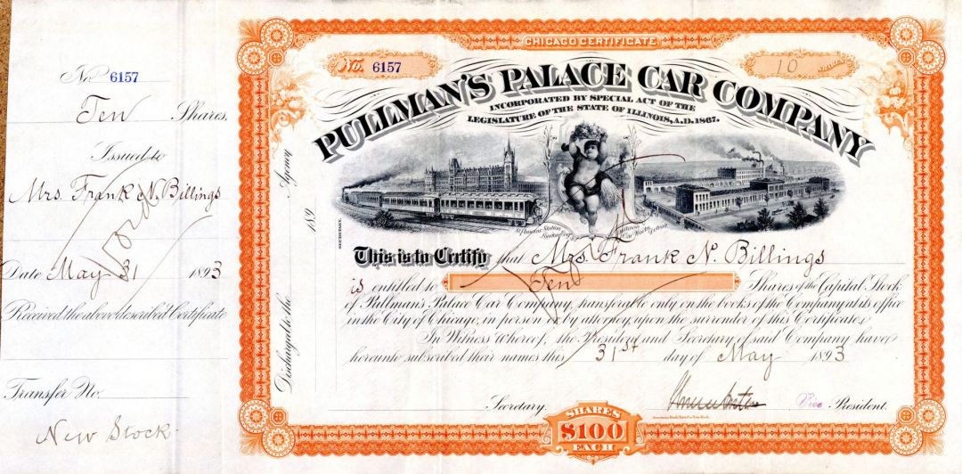 Pullman's Palace Car Co. - 1893 dated Stock Certificate