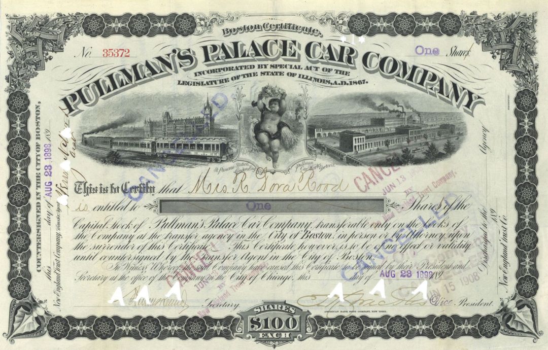 Pullman's Palace Car Co. - 1880's dated Railroad Car Company Stock Certificate