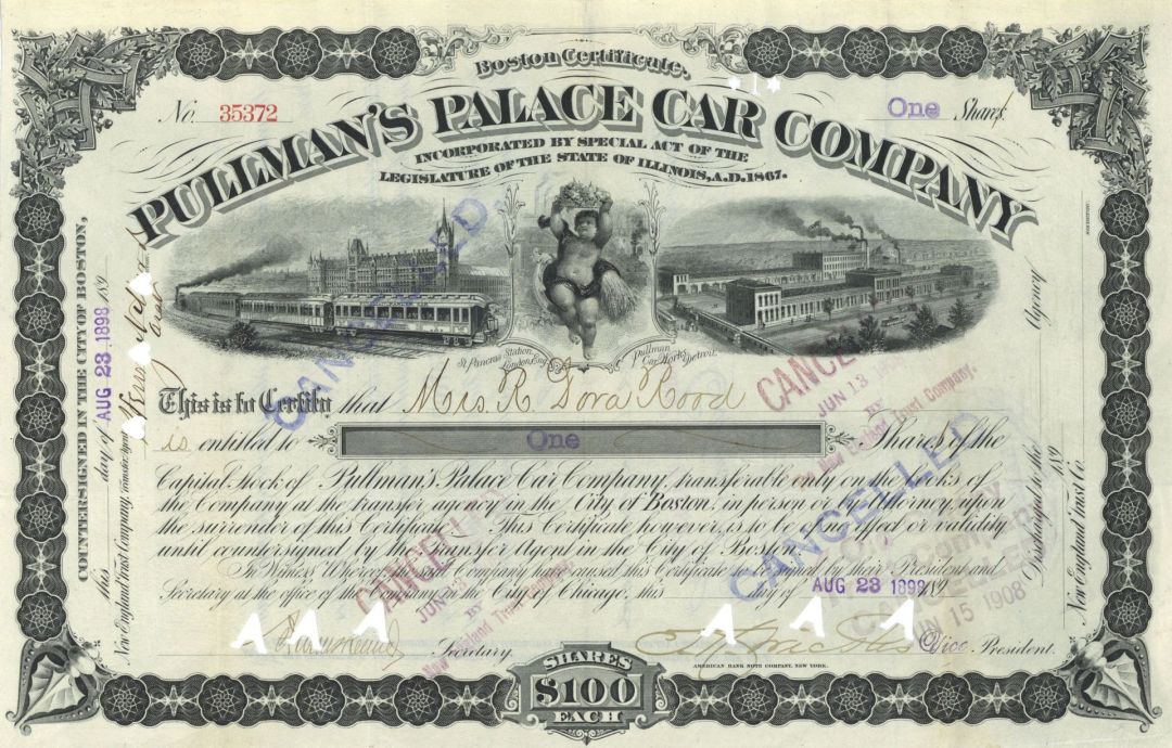 Pullman's Palace Car Co. - 1880's-90's dated Railroad Car Company Stock Certificate