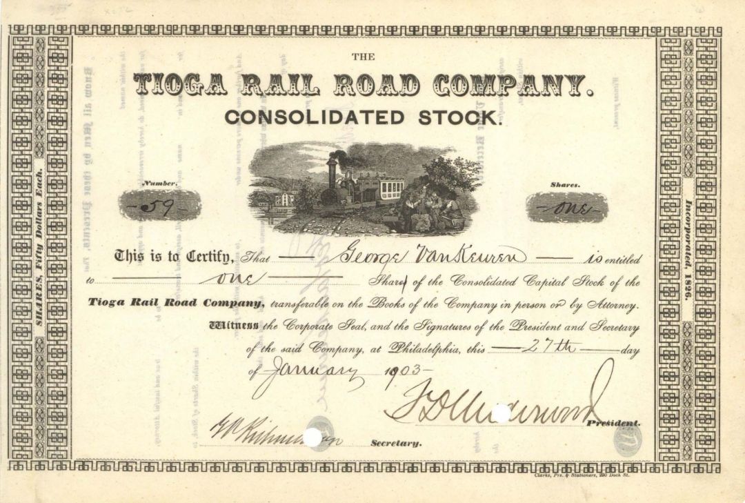 Tioga Rail Road Co. - 1903 dated Stock Certificate