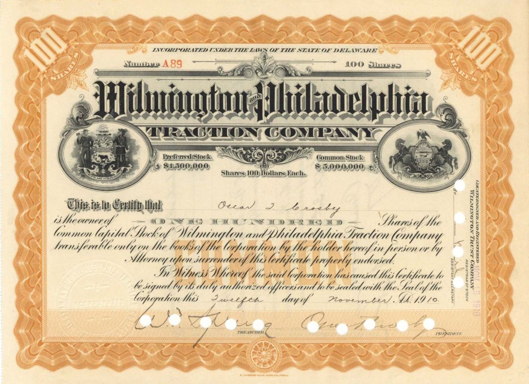 Wilmington and Philadelphia Traction Co. - 1910 or 1911 dated Stock Certificate