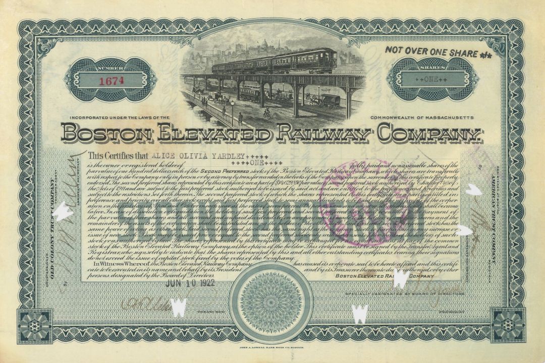 Boston Elevated Railway Co. - Railroad Stock Certificate