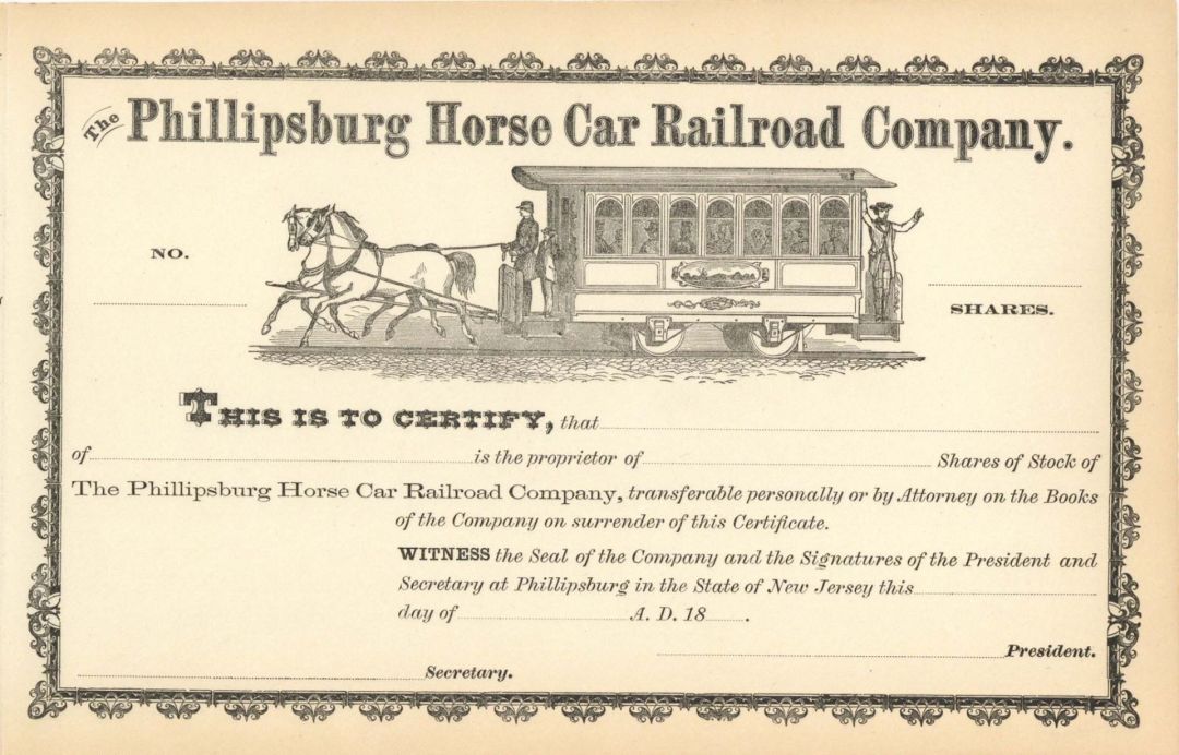 Phillipsburg Horse Car Railroad Co. - Unissued Stock Certificate