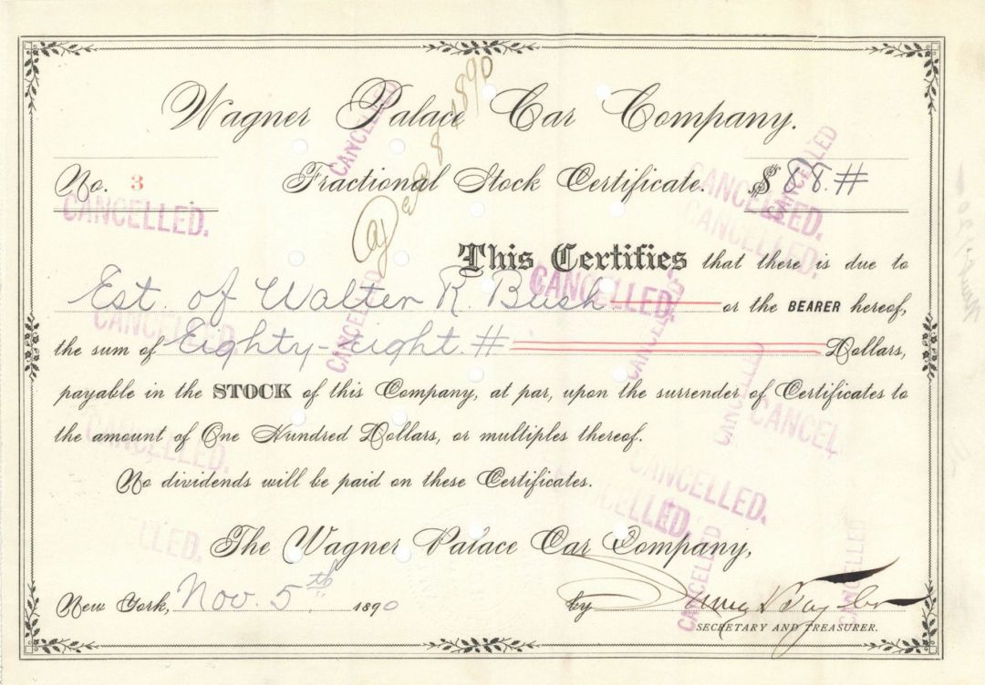 Wagner Palace Car Co. - 1892 dated Railroad Car Manufacturer Company Stock Certificate