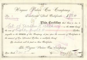 Wagner Palace Car Co. - 1892 dated Railroad Car Manufacturer Company Stock Certificate