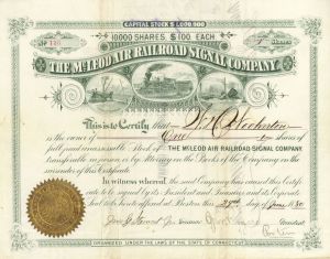 Mcleod Air Railroad Signal Co. - Railway Signal Supply Stock Certificate