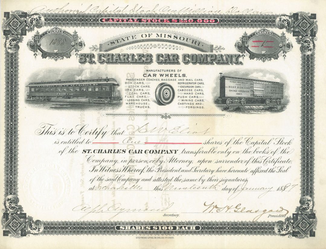 St. Charles Car Co. - 1897 dated Railroad Car Company Stock Certificate