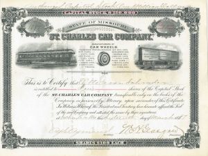 St. Charles Car Co. - 1897 dated Railroad Car Company Stock Certificate