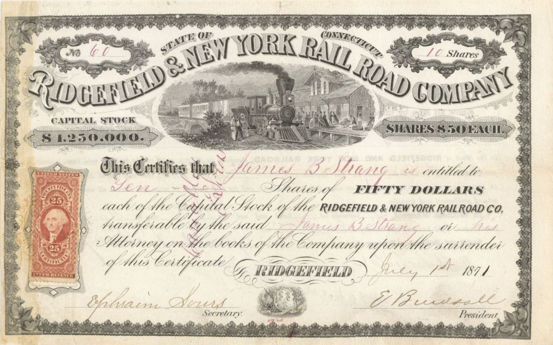 Ridgefield and New York Railroad Co. - 1871 dated Railway Stock Certificate