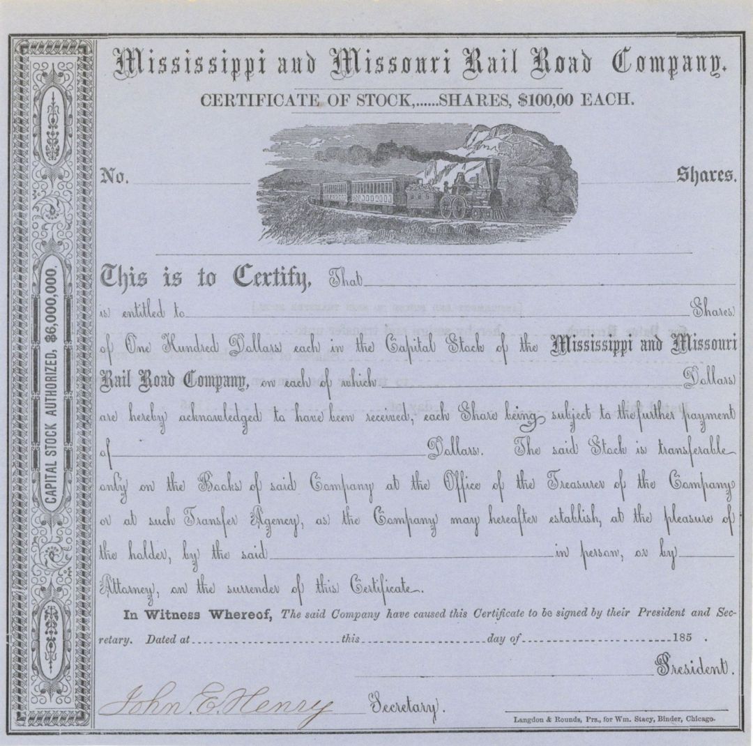 Mississippi and Missouri Rail Road Co. - Unissued Stock Certificate