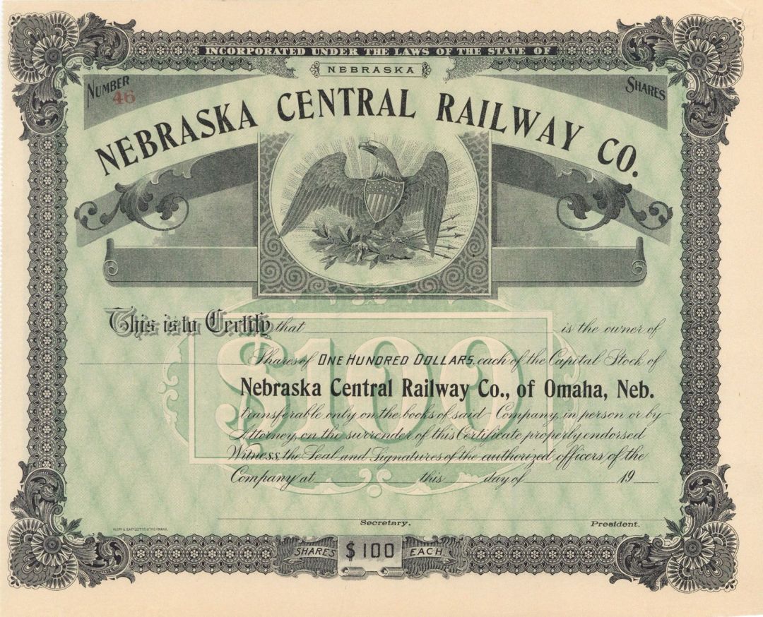 Nebraska Central Railway Co. - Stock Certificate