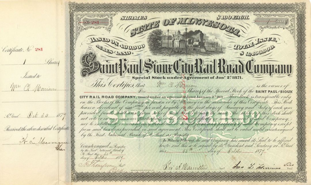 Saint Paul and Sioux City Rail Road Co. - Stock Certificate
