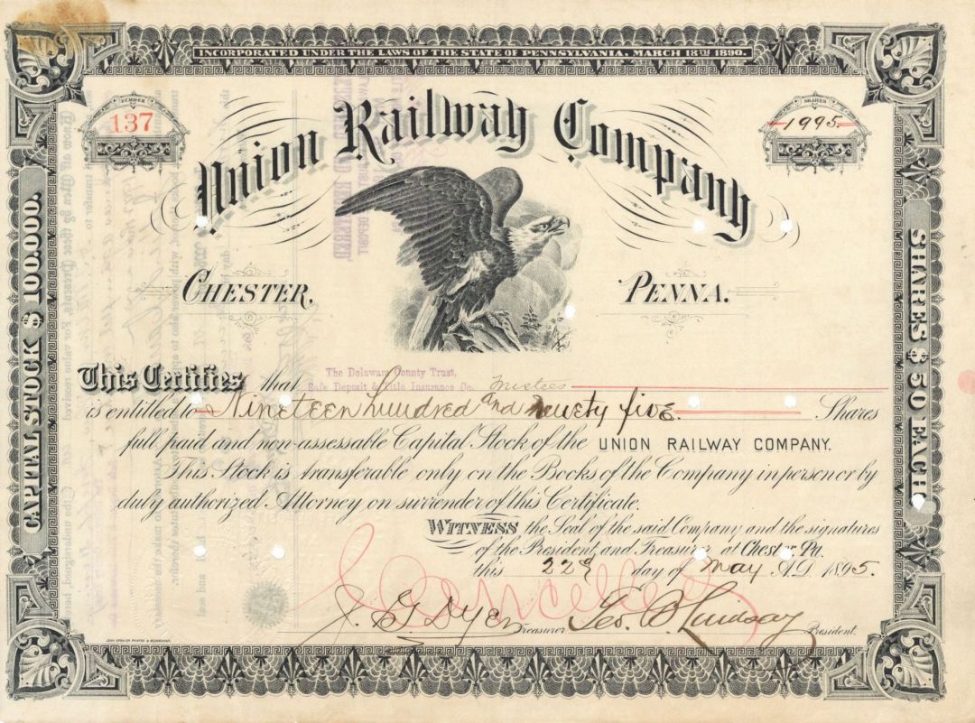 Union Railway Co. - 1895 Stock Certificate