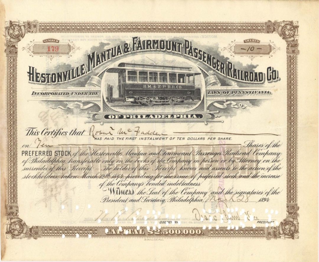 Hestonville, Mantua and Fairmount Passenger Railroad Co. - 1894 dated Railway Stock Certificate