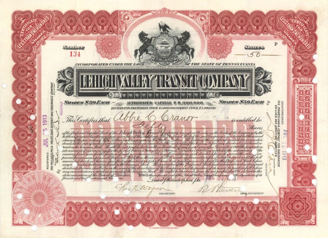 Lehigh Valley Transit Co. - 1912 or 1913 dated Stock Certificate