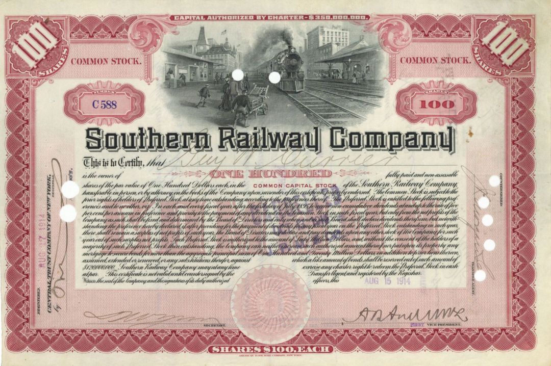 Southern Railway Co. - 1914-1937 dated Stock Certificate