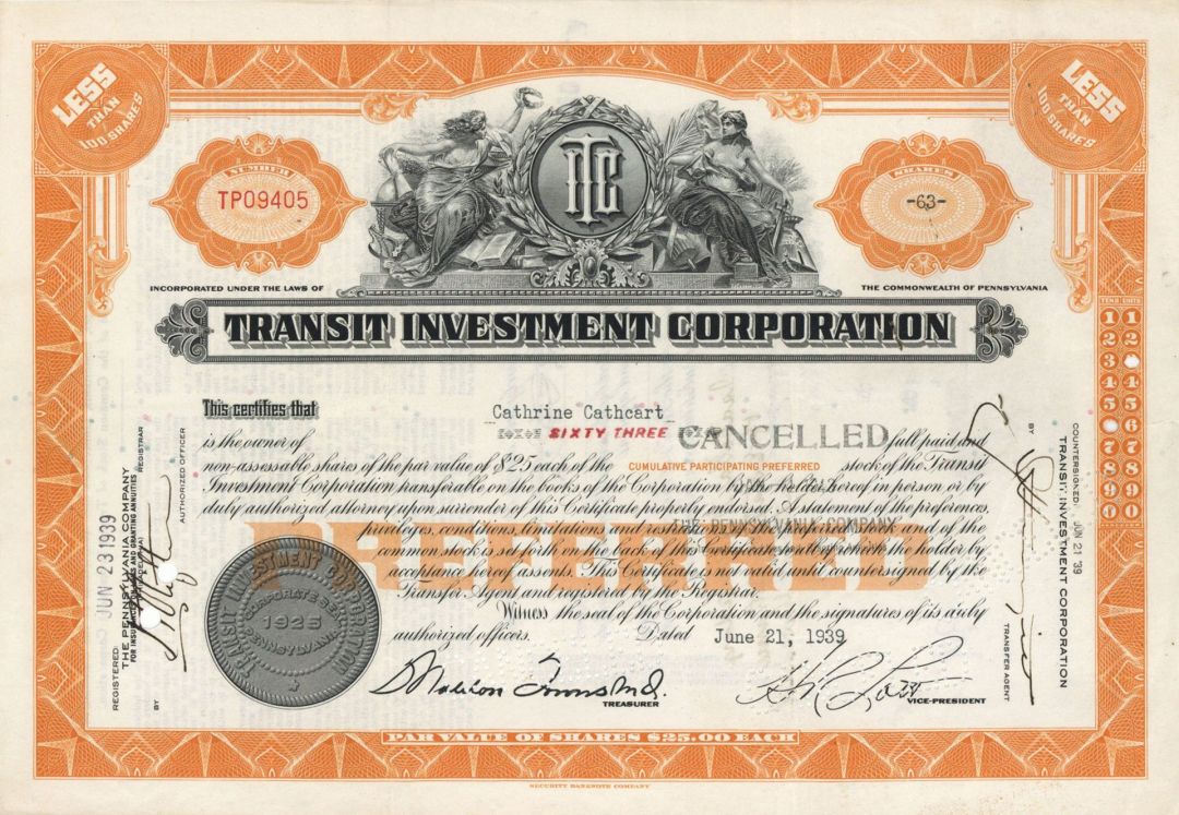 Transit Investment Corp. - 1938-1943 Stock Certificate