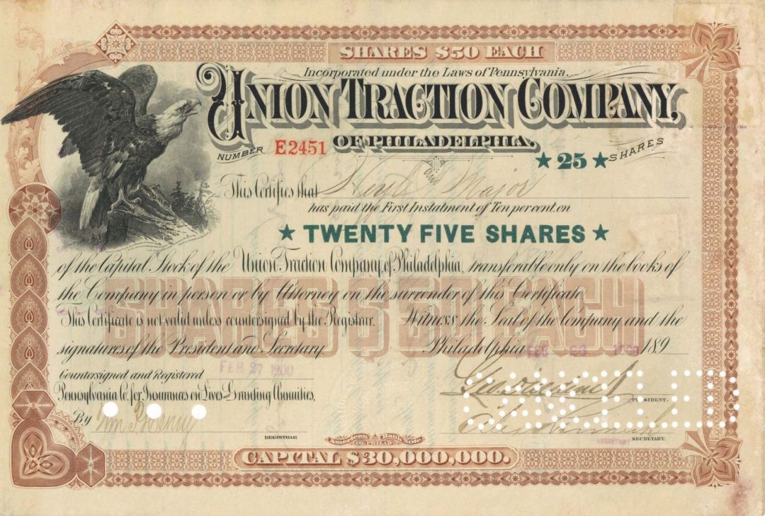 Union Traction Co. of Philadelphia - 1900-1932 dated Stock Certificate