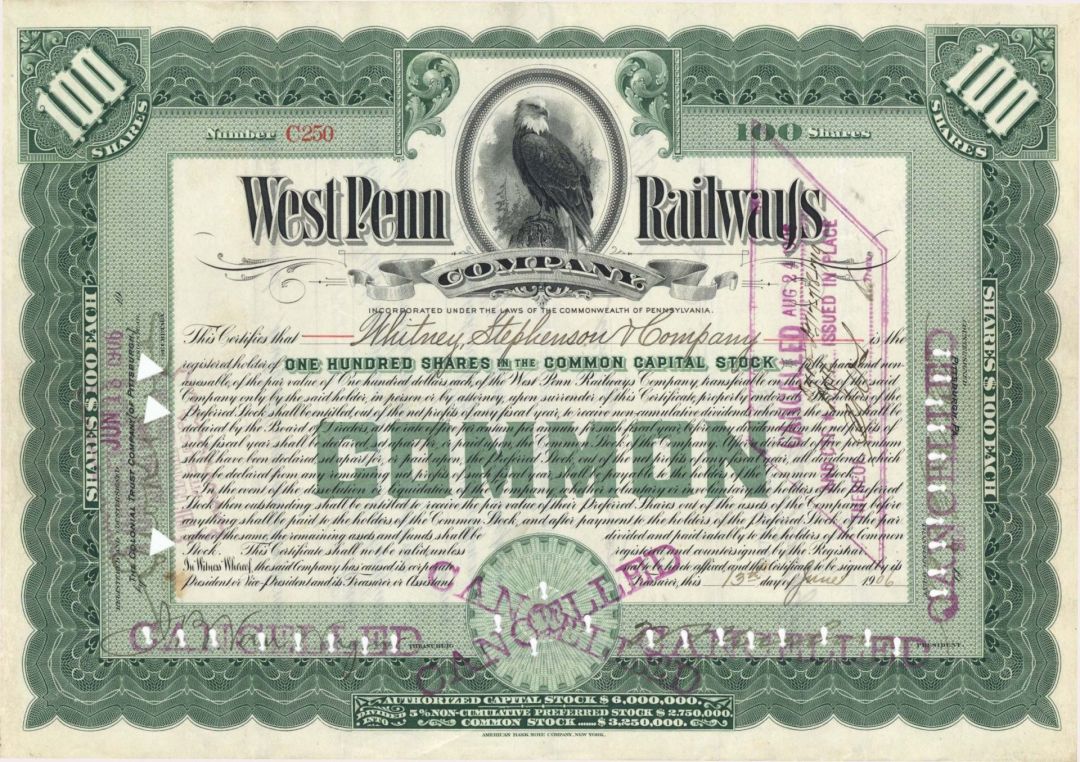 West Penn Railways Co. - 1906 dated Stock Certificate