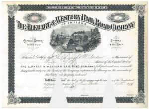 Elkhart and Western Rail Road Co. of Indiana - 1911 dated Partially Issued Stock Certificate - Carrot Cut Cancellations
