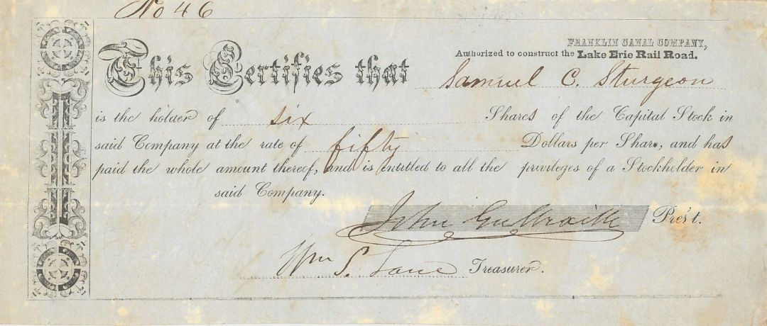 Lake Erie Railroad - Stock Certificate