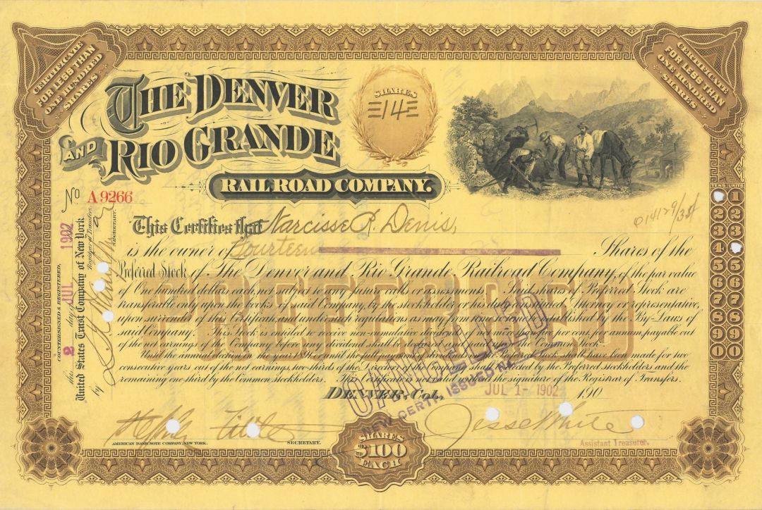 Denver and Rio Grande Railroad Co. - Stock Certificate