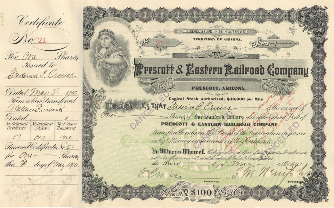 Prescott and Eastern Railroad Co. - 1900's-20's dated Prescott, Arizona Railway Stock Certificate - Part of the Atchison, Topeka and Santa Fe Railroad