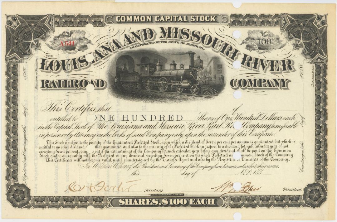 Louisiana and Missouri River Railroad Co. - 1880's dated Partially Issued Railway Stock Certificate