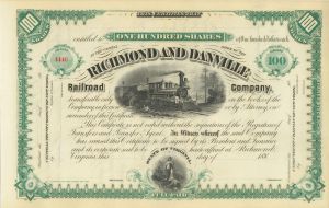 Richmond and Danville Railroad Co. - circa 1880's Unissued Railway Stock Certificate