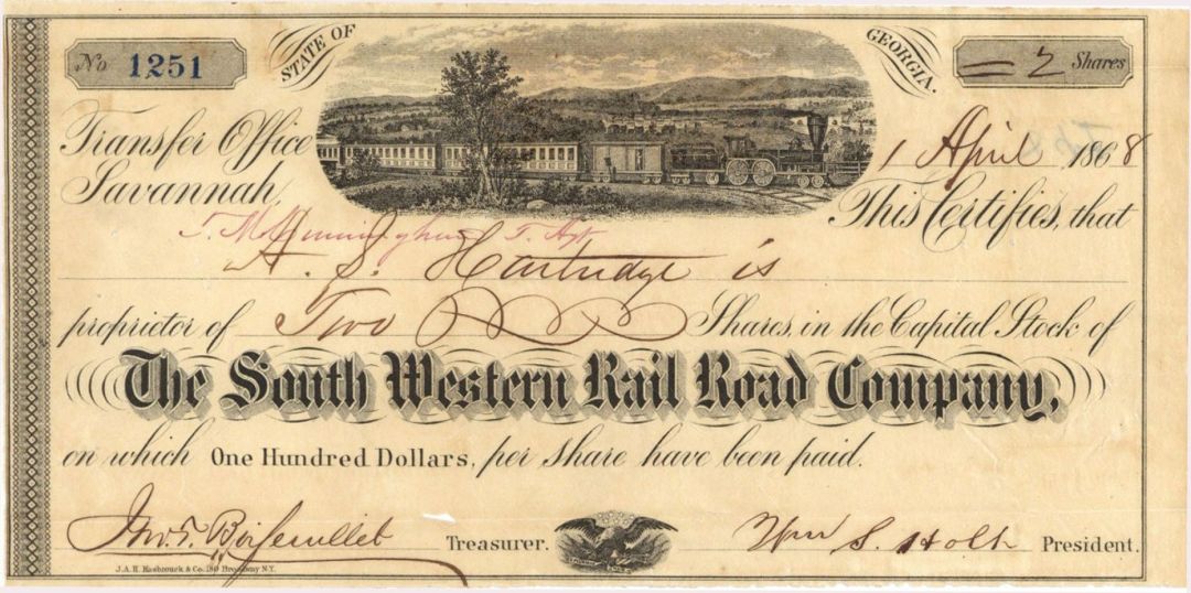 South Western Rail Road Co. - 1868 dated Stock Certificate