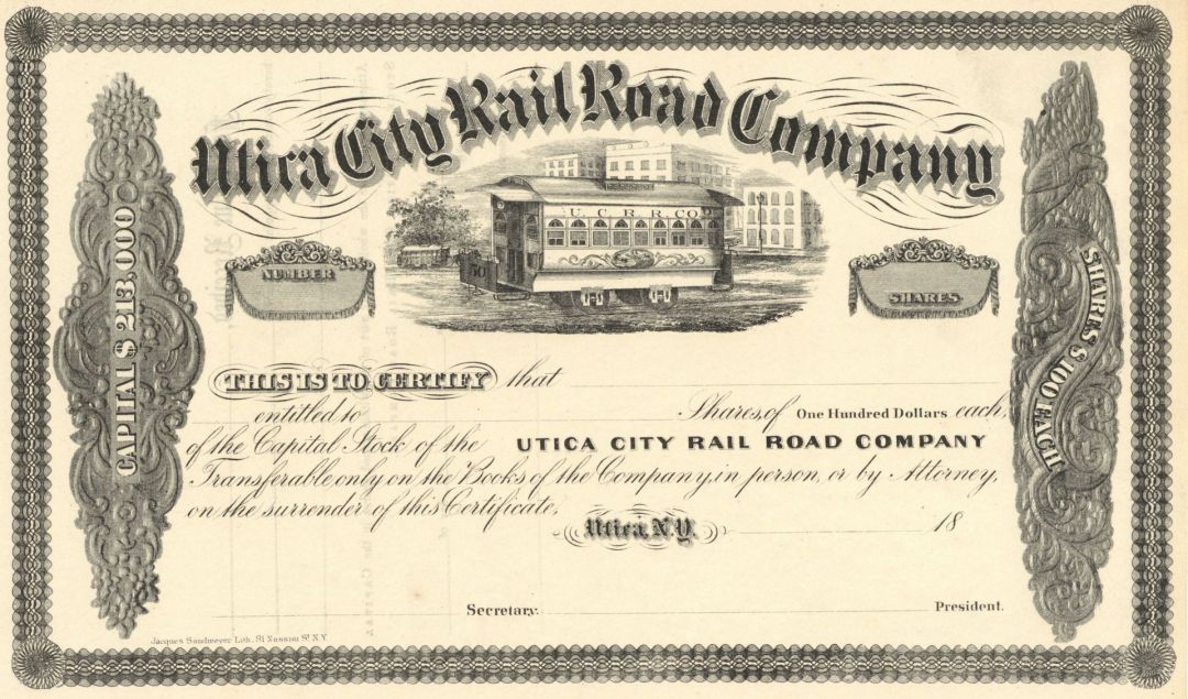 Utica City Rail Road Co. - Unissued New York Railway Stock Certificate of the 1800's