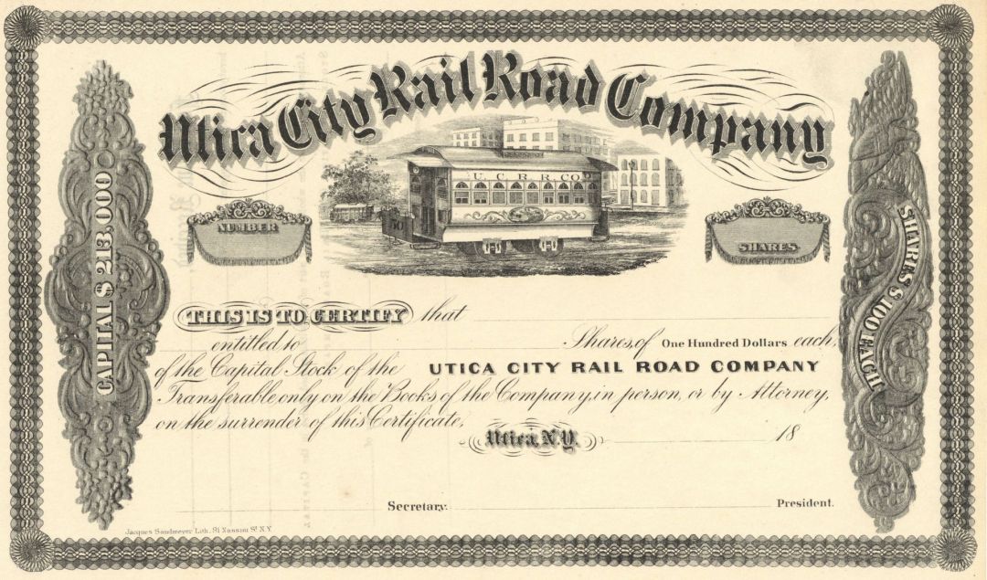 Utica City Rail Road Co. - Unissued New York Railway Stock Certificate of the 1800's