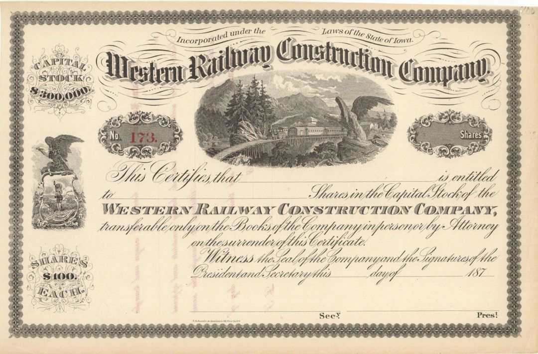 Western Railway Construction Co. - Stock Certificate