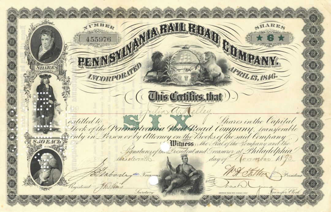 Pennsylvania Rail Road Co. - 1887-93 dated Railway Stock Certificate - 5 Different Vignettes on 1 Stock