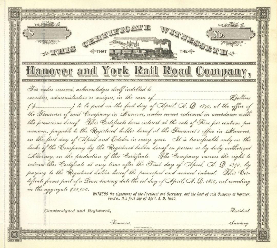 Hanover and York Rail Road Co. - 1885 dated Unissued Railway Stock Certificate