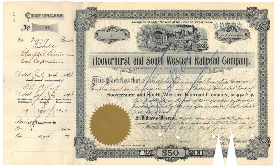 Hooverhurst and South Western Railroad Co. - 1913 dated Pennsylvania Railway Stock Certificate
