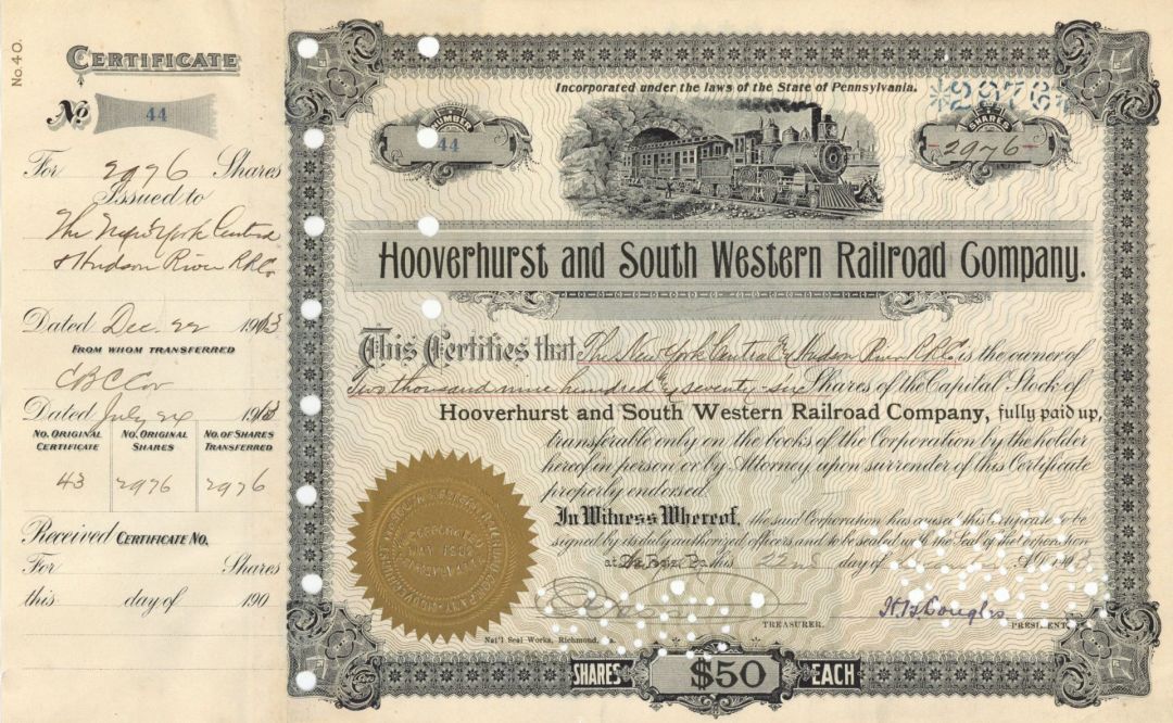 Hooverhurst and South Western Railroad Co. - 1913 dated Pennsylvania Railway Stock Certificate