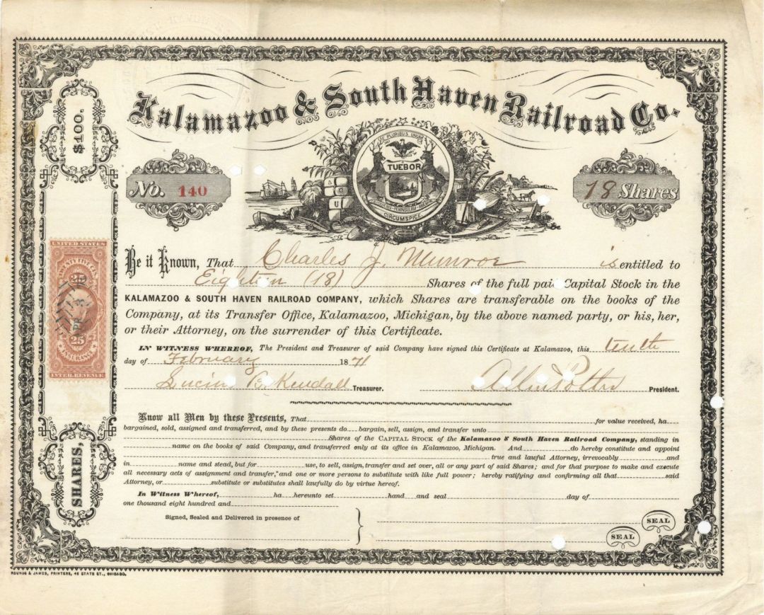 Kalamazoo and South Haven Railroad Co. -1870-1901 Stock Certificate