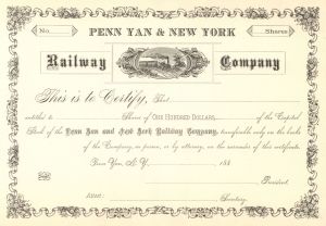 Penn Yan and New York Railway Co. - circa 1880's Unissued Railroad Stock Certificate