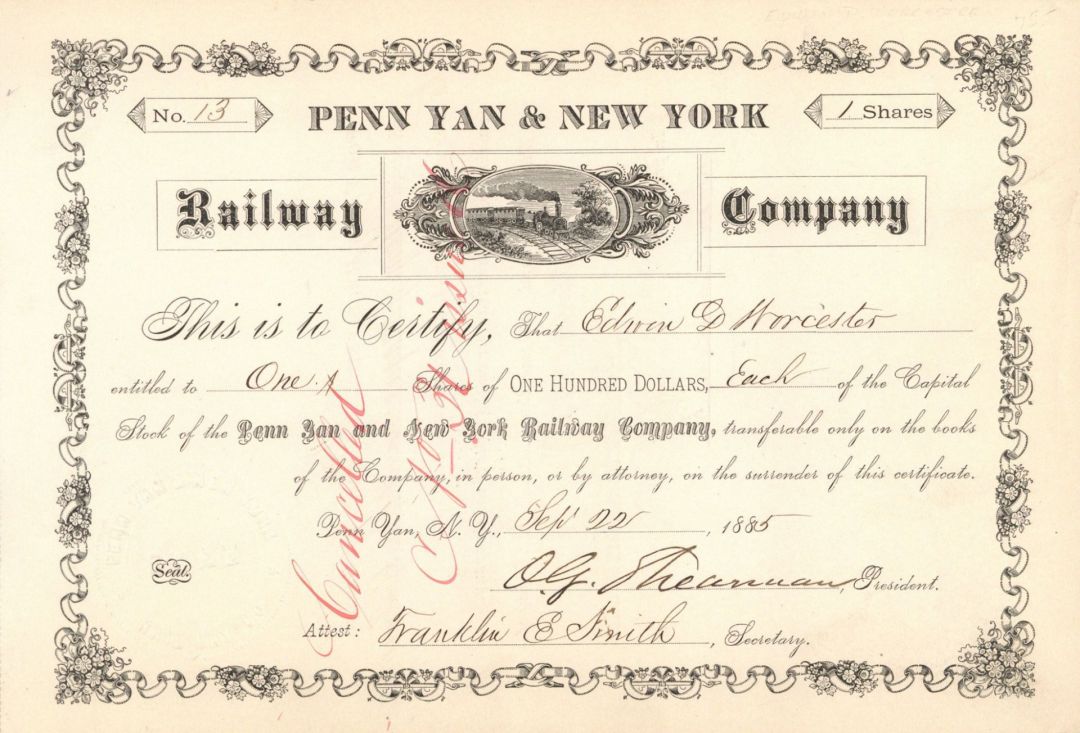 Penn Yan and New York Railway Co. - Stock Certificate