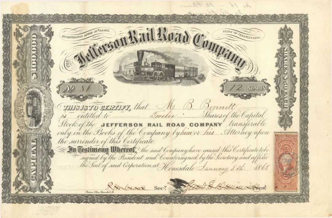 Jefferson Rail Road Co. - 1867 or 1868 dated Stock Certificate
