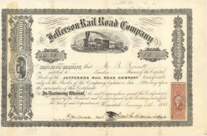 Jefferson Rail Road Co. - 1867 or 1868 dated Stock Certificate