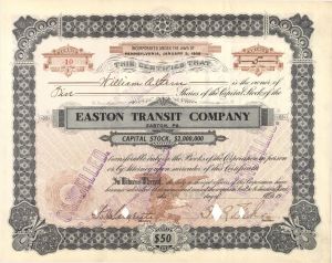 Easton Transit Co. - 1908 dated Stock Certificate