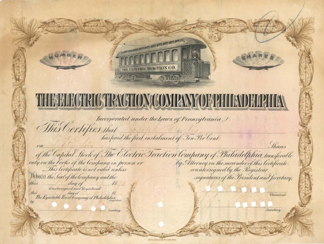 Electric Traction Company of Philadelphia - 1893 dated Stock Certificate