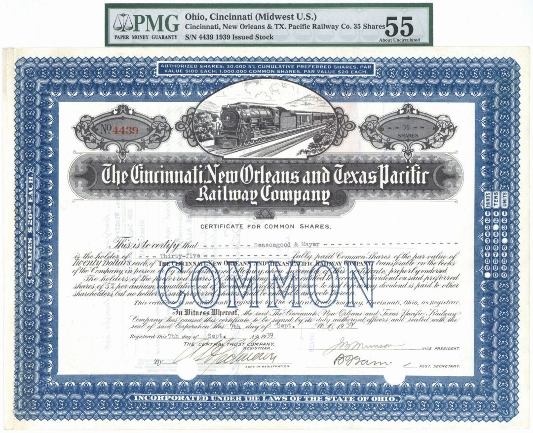 Cincinnati, New Orleans and Texas Pacific Railway Co. - 1939 dated Railroad Stock Certificate