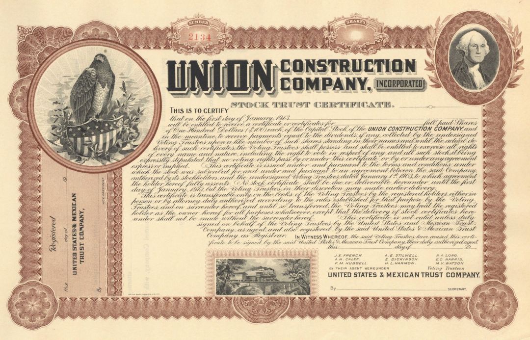 Union Construction Co., Inc. - Unissued Railroad Stock Certificate - Branch Company of the Atchison, Topeka & Santa Fe Railway
